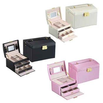 

Jewelry Box Portable 3-Layer Leather Cosmetic Jewelry Jewellery Storage Box Case Organizer with Mirror Lock 2-Drawers for Women