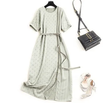 

Women polka dot striped summer dress 2020 new short sleeve sashes side slit satin plus size casual dresses green