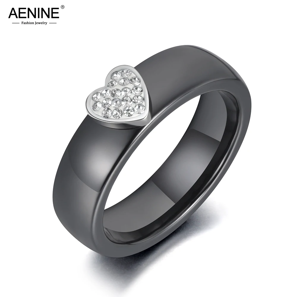 AENINE Trendy Black Ceramic Heart Crystal Wedding Rings Jewelry for Women Stainless Steel Rhinestone Bohemia Party Ring AR19114