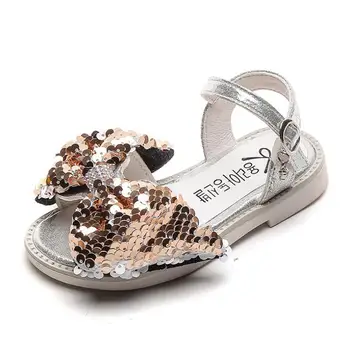 

2020 New Summer Girls Sandals Fashion Sequins Big Bowtie Princess Shoes Soft Leather Kids Beach Shoes For Baby Girls Size 21-30
