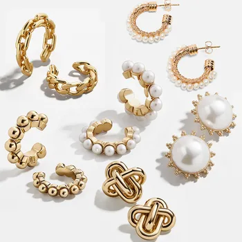 

Girlgo Ba* Women Double-layer Pearl C-shaped Ear Clip Hoop Earring Simple Crystal Fashion Wedding Ear Jewelry Party Earring Gift