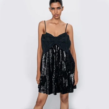 

ZA Women Bowknot Dress 2019 Sequined Backless Sexy Dress Women Off Shoulder Mini Dress Short Christmas Party Club Strap Dresses