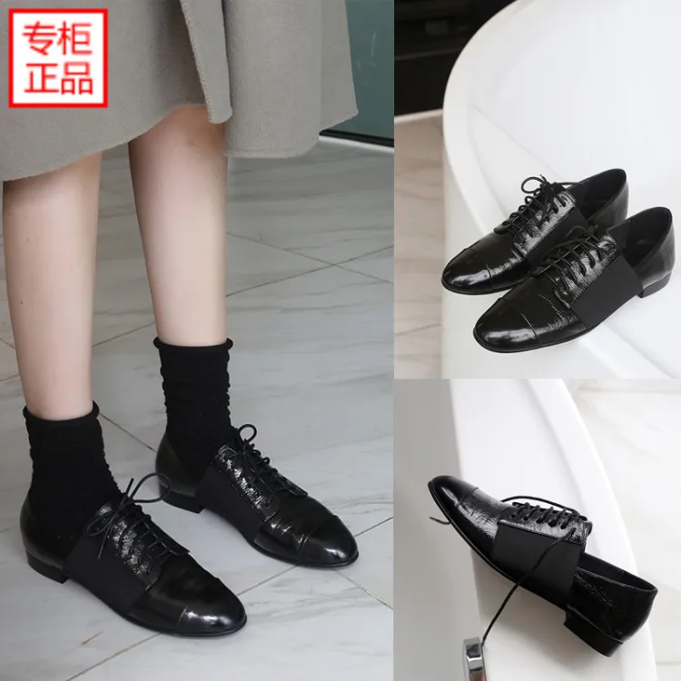 

2019 Autumn New Style round-Toe British Style Low Heel Deep-mouth Thin Shoes Lace-up Cowhide Low Heel Small Leather Shoes