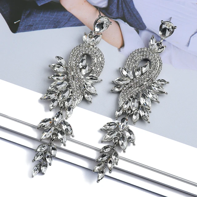 Design Dangle Earrings For Women Girl Luxury Elegant Metal Hollow Chain Leaves Crystal Brincos Pendant Jewelry Ear Accessories Silver