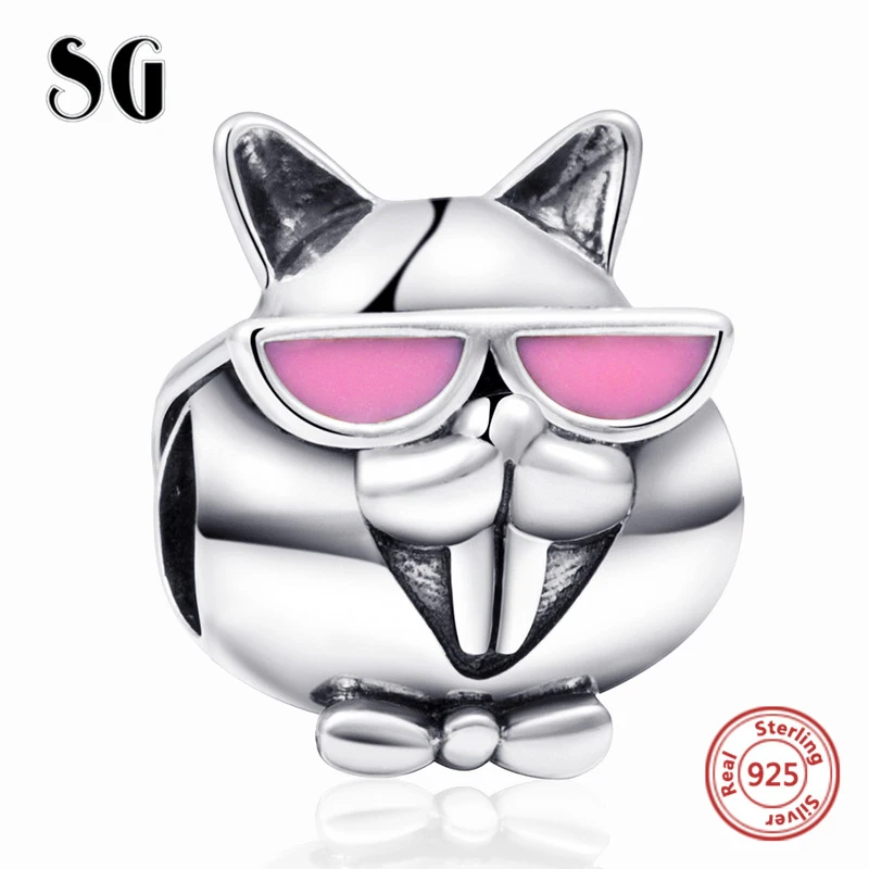 

SG 925 silver sterling animal squirrel charms with Pink enamel glasses charm beads diy fashion Jewelry making for women Gifts