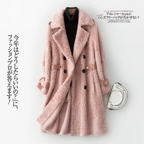 Pink Зимний натуральный мех, пальто, женская овечья стрижка, куртка, корейское натуральное меховое пальто, женские винтажные длинные шерстяные куртки, теплые пальто, Hiver TB050 - Цвет: Pink