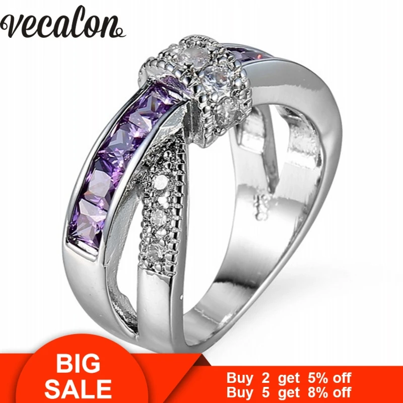 Vecalon New Wome ring Purple AAAAA Zircon Cz White Gold Filled Cross Party wedding Band for women men fashion jewelry | Украшения и