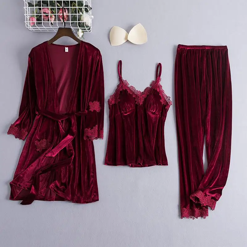 Женский Велюровый костюм из 3 предметов, кимоно, банное платье, классический пояс, ночная рубашка, сексуальное интимное белье, кружевная Лоскутная ночная рубашка - Цвет: Burgundy
