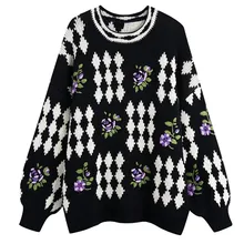 

Maxdutti England Fashion Loose Sweaters Women Pullovers Tops Winter Sweaters Women Bohemian Vintage Floral Embroideried Oversize