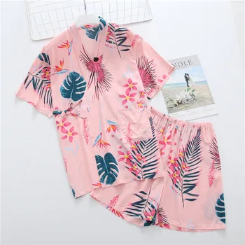 

Women's Short-Sleeved Cardigan Kimono Bathrobe with Shorts Women Pijama Set for Homewear Cotton Sleepwear Pijama Mujer Verano