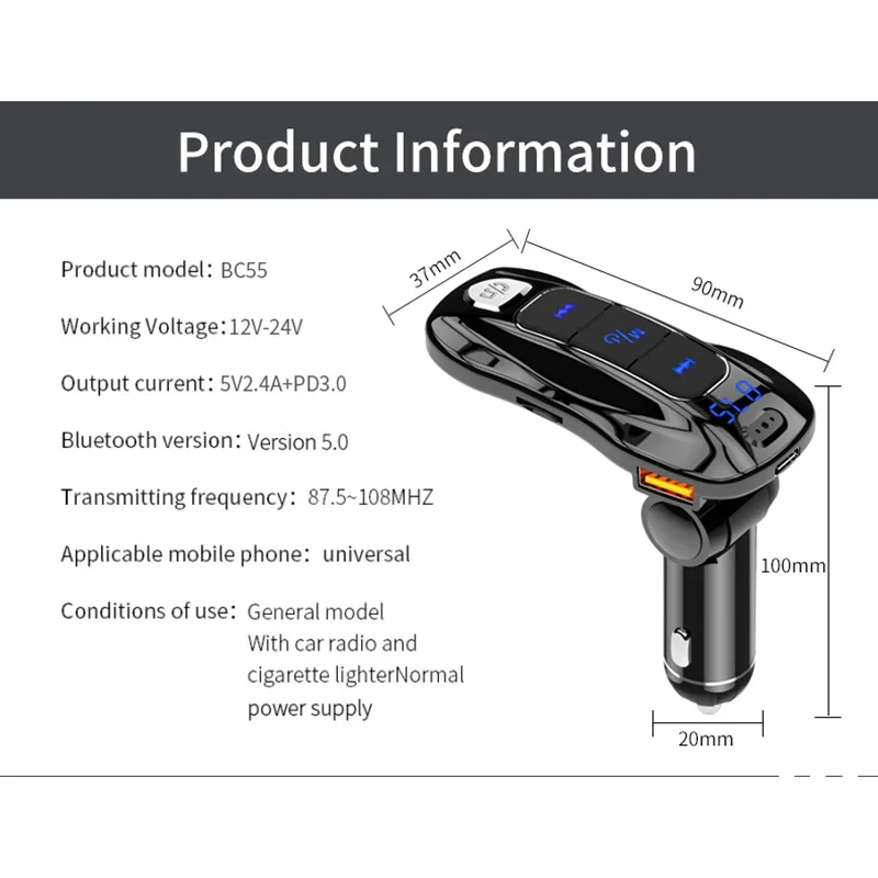 USB Автомобильное зарядное устройство деликатный дизайн BC55 18 Вт Быстрая зарядка USB зарядное устройство BT Hands-Free автомобильный комплект fm-передатчик модулятор