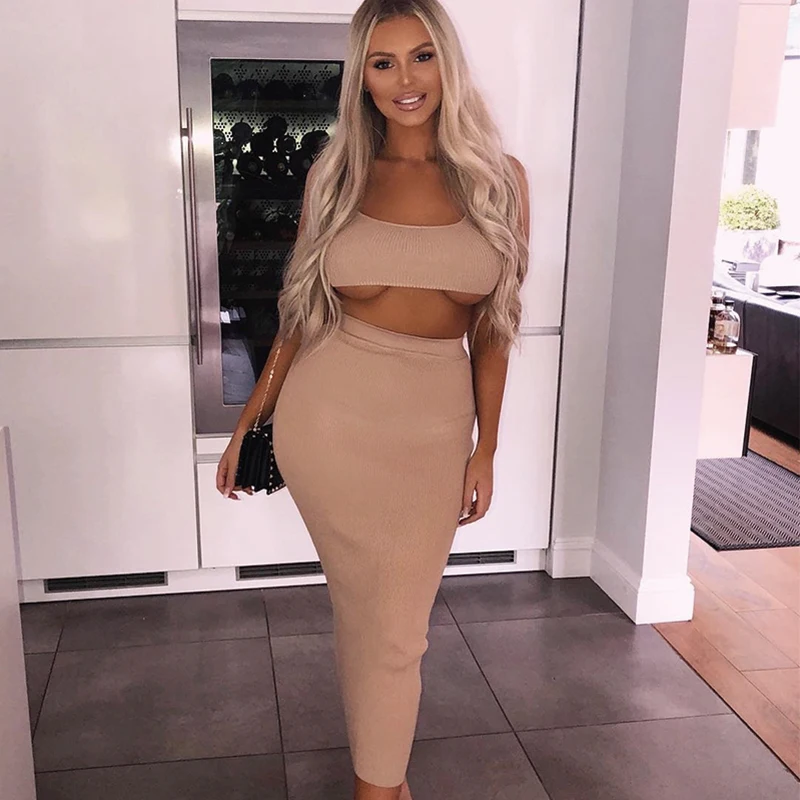 

2020 New Fashion Two Piece Set Women Bandage Ripped Crop Top And Skirt Set Matching Sets Woman Sexy Two Pieces Outfits 10 Colors