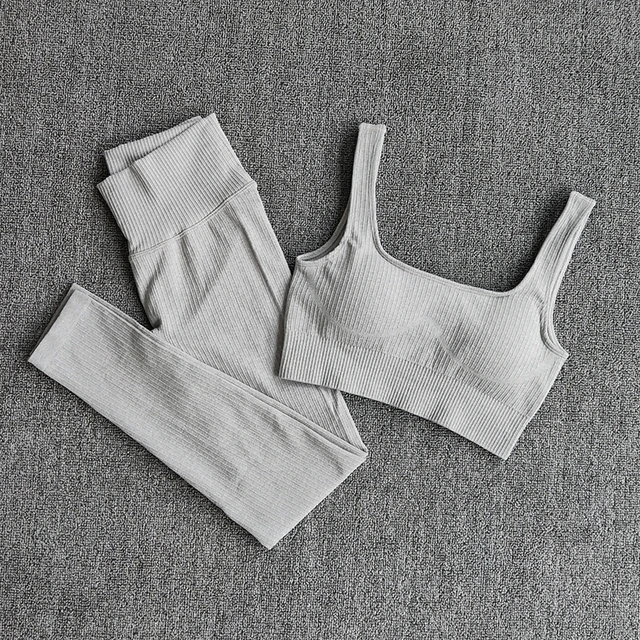 Women's Sportswear Yoga Set Workout Clothes Athletic Wear Sports Gym Legging Seamless Fitness Bra Crop Top Long Sleeve Yoga Suit BraPantsGray