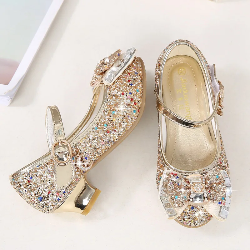ULKNN Kids Leather Shoes for Girls Flower Casual Glitter Children High Heel Girls Shoes Butterfly Knot Blue Pink Silver