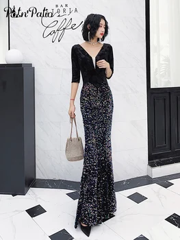 

Elegant Sequin Mermaid Prom Dresses With Half Sleeves Sexy V-neck Floor-length Long Evening Gowns For Women Plus Size