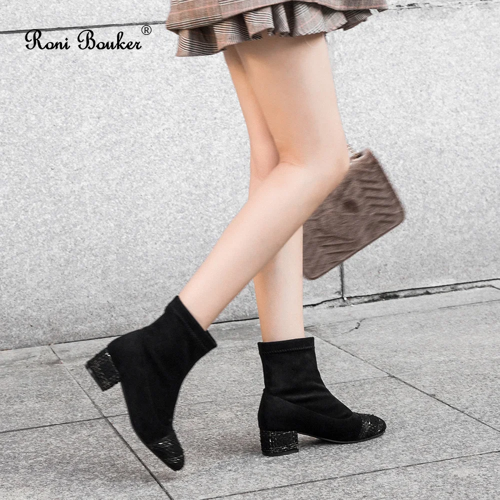 

Roni Bouker Slim Stretch Ankle Boots Women Round Toe Sock Booties Square High Heel Shoes Woman Fashion Patchwork Bota Feminina
