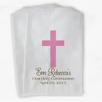 

Custom First Communion Favor Bags - Baptism or Religious Party Favor Bags - Pink and Brown Paper Treat Bags