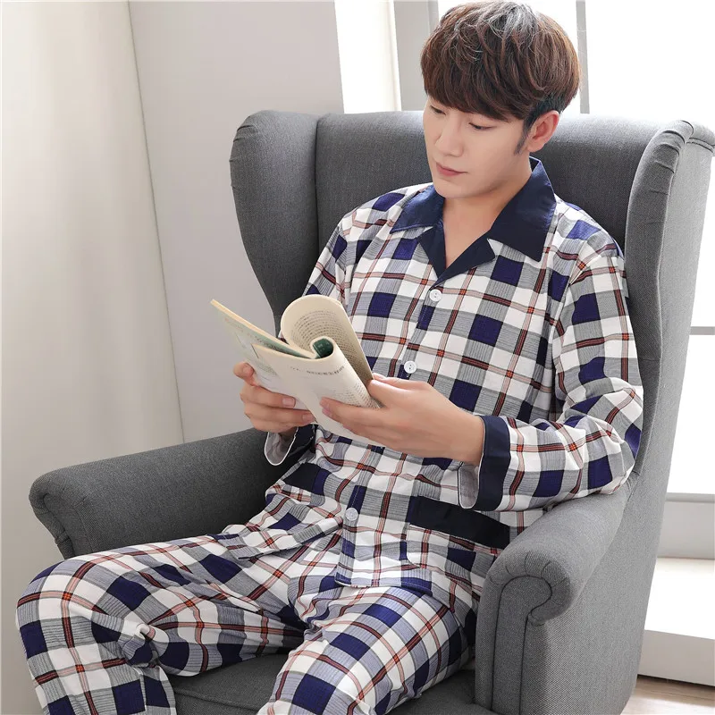 Мужская пижама, осенне-зимняя Хлопковая пижама с длинными рукавами для мужчин, пижама клетчатая повседневная одежда для сна и пижамы