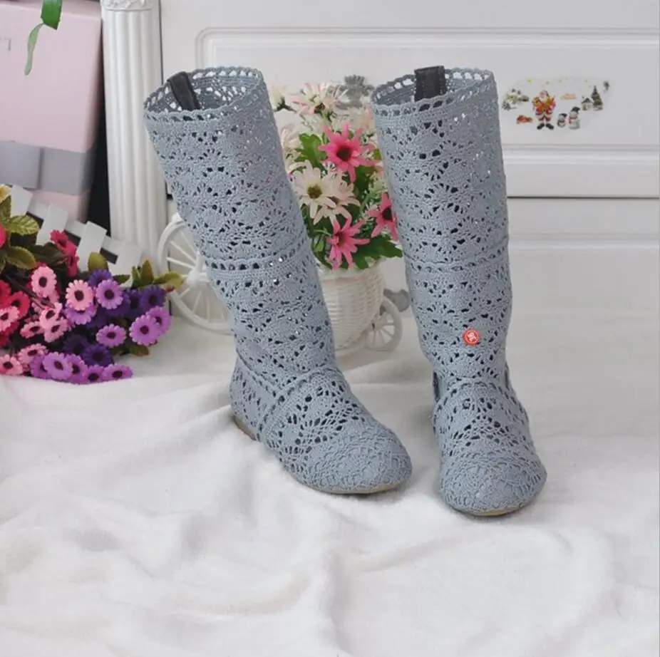 2022 Hollow Boots Shoes Breathable Knit Line Mesh Korean High Summer Women Boots Knee High Womens Shoes
