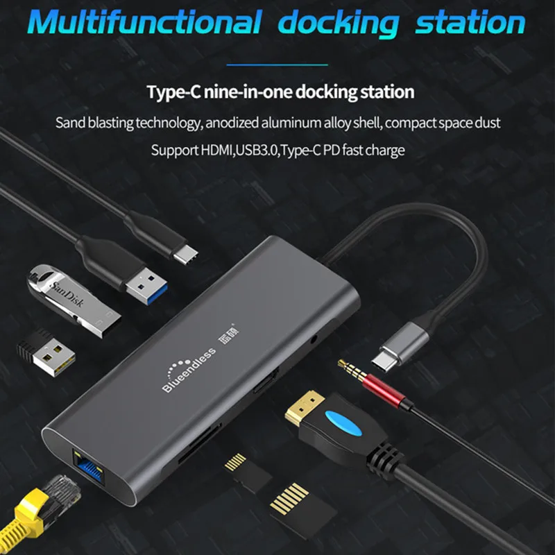 Blueendless 9 в 1 USB C Hub Multiduntion док станция 3 0 4K HD адаптер для чтения карт памяти Type PD