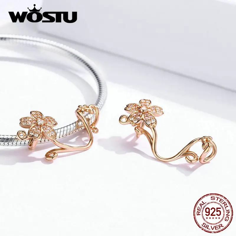 WOSTU настоящий 925 пробы Серебряный Розовый Цветок сакуры талисманы бусины подходят для женщин браслет DIY ювелирных изделий CQC1033-C