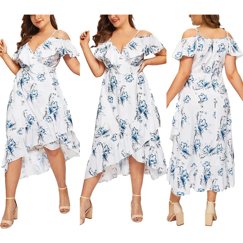 

Women Summer Dress Plus Size vestidos 2019 Bohemian V Neck Wrap Short Sleeve Floral Print Asymmetrical Dresses Beach Sundress