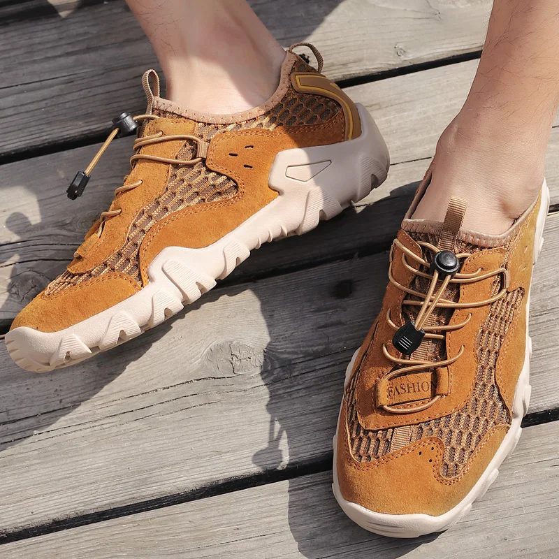 Summer Air Mesh Slipon Sandals Outdoor Comfort Breathable Trekking Wading Shoes 2021 Fashion Retro Beach Genuine Leather Sandal