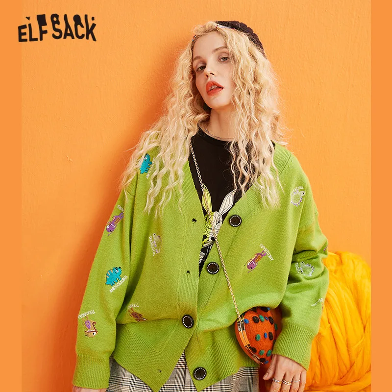 

ELFSACK Multicolor Solid Cartoon Embroidery Knit Casual Cardigan Women Sweaters 2019 Winter Single Button Long Sleeve Female Top