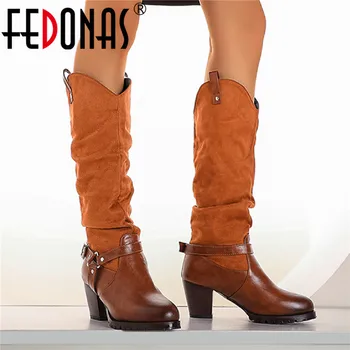 

FEDONAS Sexy Knee High Boots Side Zipper Round Toe Shoes Woman Metal Decoration Night Club Women Boots Winter High Heels Pumps