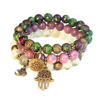 

Wholesale Natural Gem Stone Energy Bracelet 8 mm Lepidolite Hamsa Charm Bracelet Vintage Style P-rehnite Ohm Bracelet