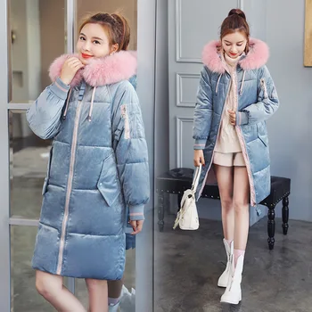 

2019 Woman Cotton-padded Velvet Jacket Student Winter Long Korean Fur Collar Bread Parka Thickened Warm Cotton Coat outerwear