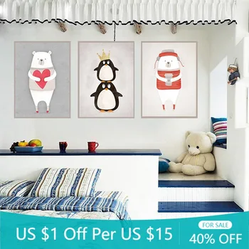 Cuadro decorativo con dibujo de un pingüino para habitación de niños, decoración para el hogar, sofá colgante, Póster Artístico de pared