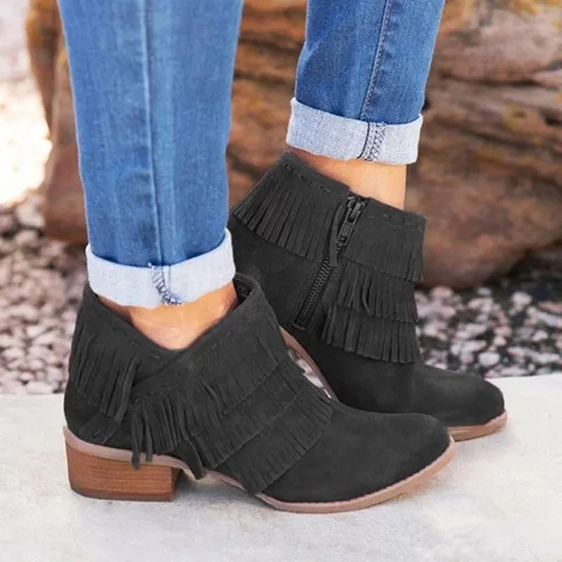 Houlife Fashion Solid Color Suede Autumn Women Shorts Boots Tassel Pointed Toe Low Heel Side Zipper Ankle Boots Female Shoes