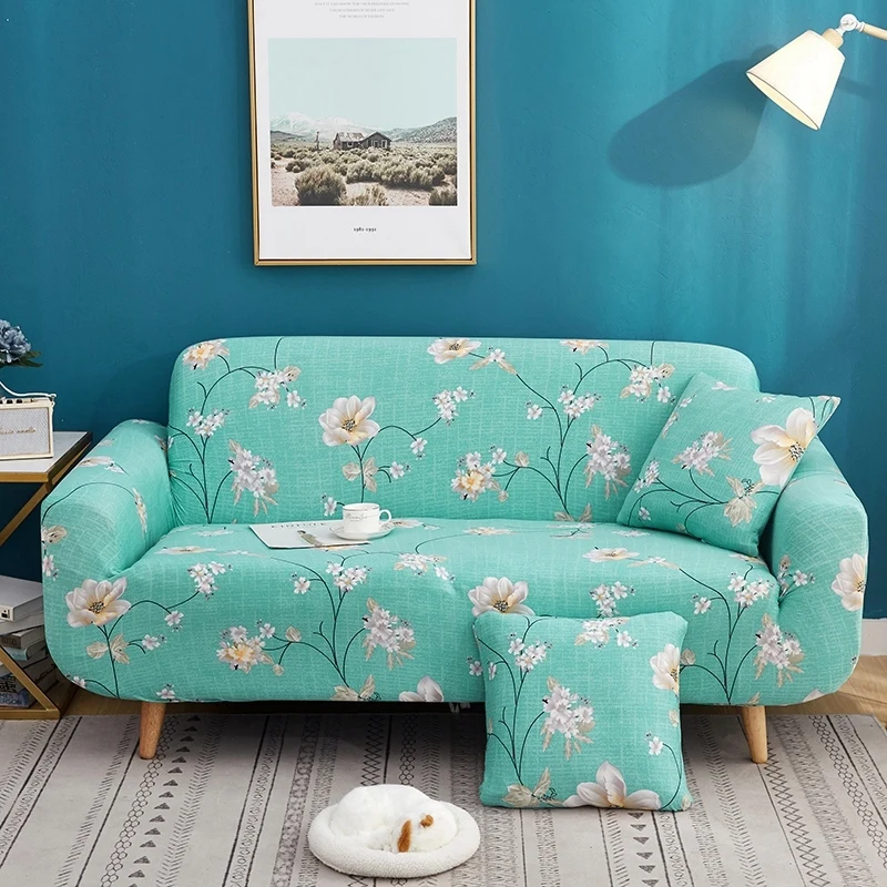 Spring Blossom Flowers Printed Green Color Sofa Cover High Stretch