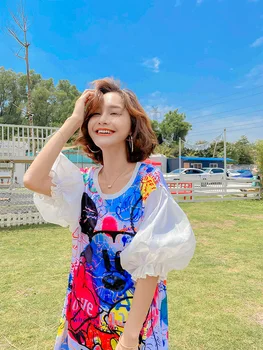 

Tide brand women's 2020 summer new lantern sleeve cartoon printed t-shirt women's long section fashion sequins loose sweet top