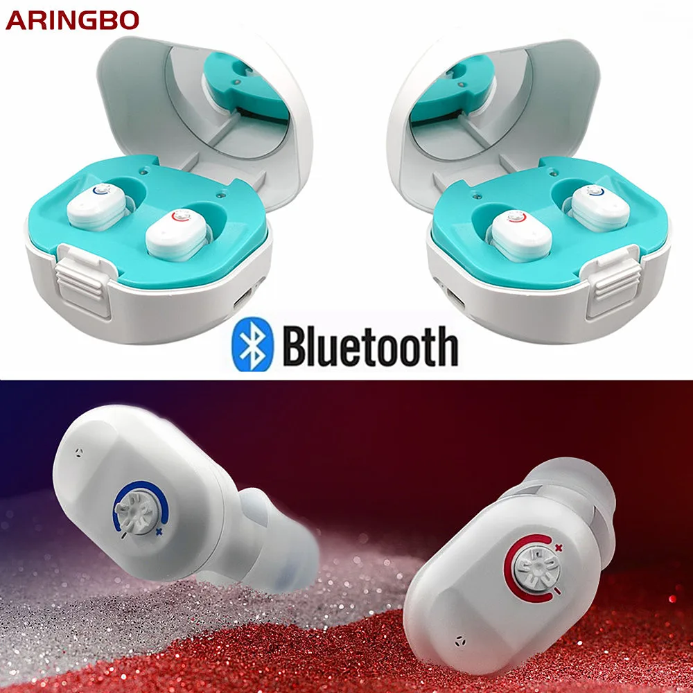 Aringbo Bluetooth Rechargeable Binaural Hearing Aid In-Ear Sound Amplification Deaf Assist With Replacement Earplugs Storage Box
