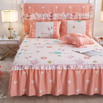 

Home Textile 100% Cotton Bed Skirt Bed Linen Lace Bedspread rabbit Cartoon Bed Cover Twin Full Queen Size