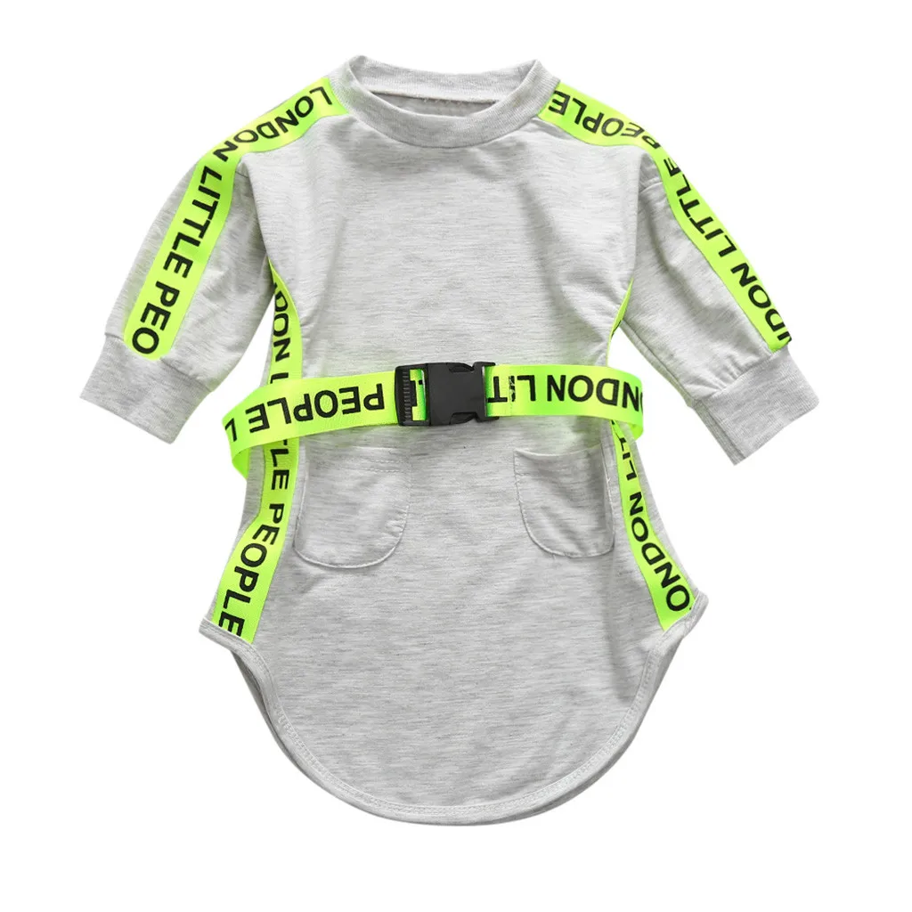 Autumn Winter Fashion Toddler Kids Baby Girls Straight Dress Cool Long Sleeve Letter Pocket Belt Princess Dress Baby Clothes
