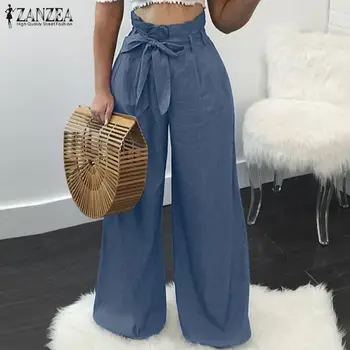 

Fahion Wide Leg Pants Women's Ruffle Trouser ZANZEA 2020 Casual Solid Long Pantalon Palazzo Female Denim Blue Turnip Plus Size 7