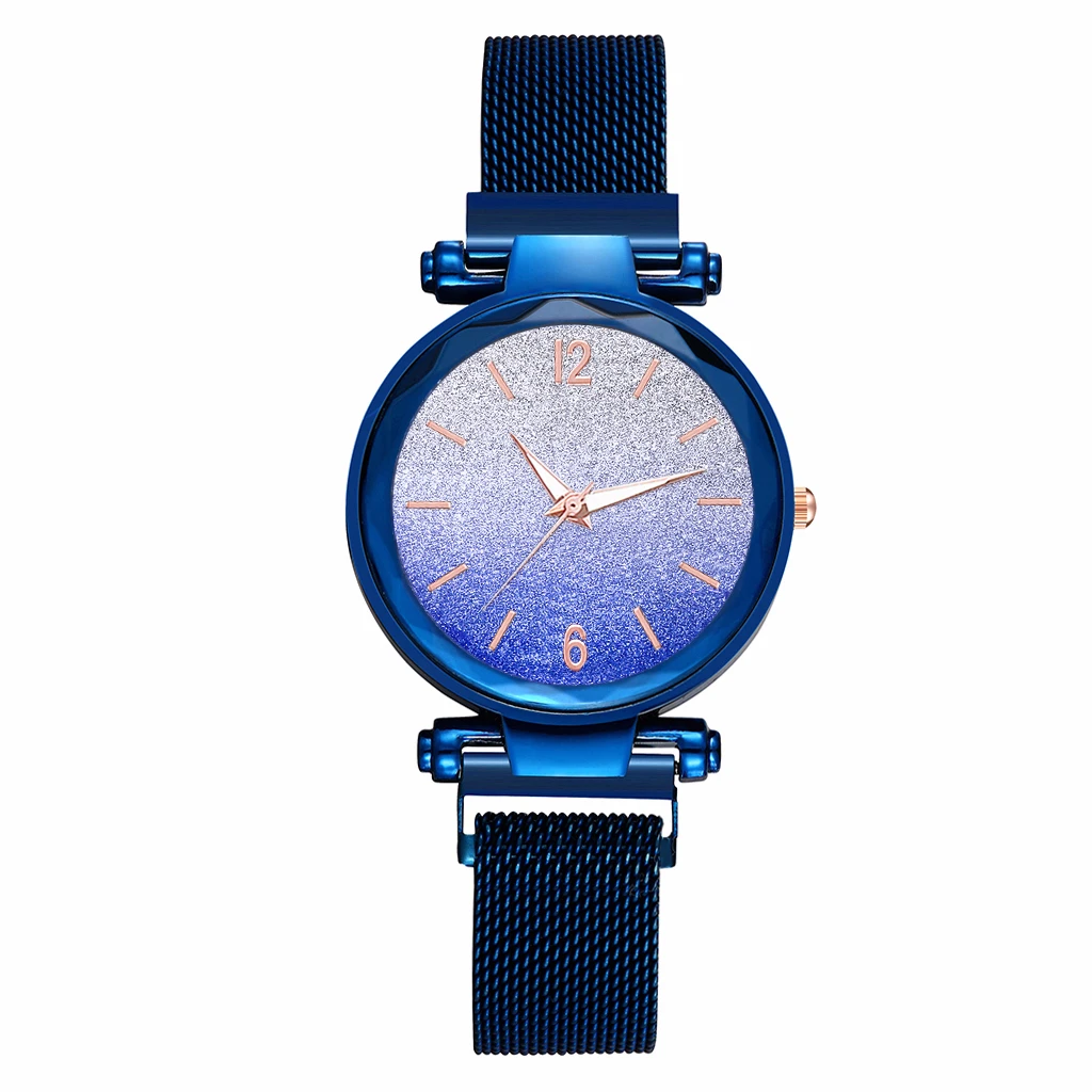 Женские с магнитом пряжка градиентного цвета звездное небо часы Роскошные женские из нержавеющей стали сетчатый ремень кварцевые часы в подарок часы - Цвет: blue