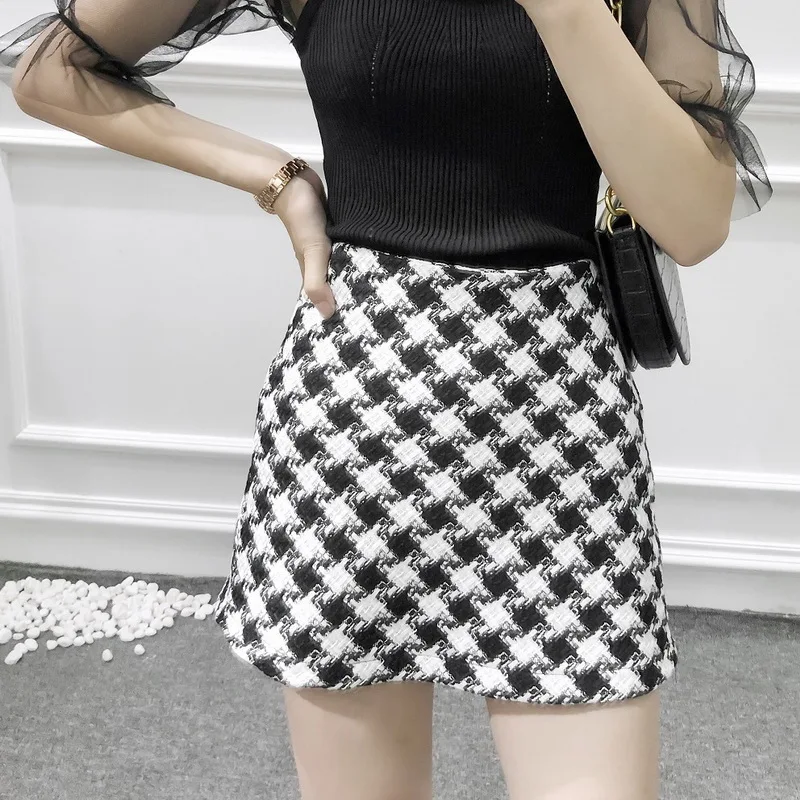 

Autumn Women Mini Skirt 2019 New Fashion Houndstooth Woolen Zipper Fly Modern Lady Above Knee A-Line Skirts