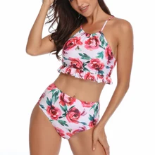 Женские купальные костюмы из двух частей, комплект бикини, наряды, Купальники, женские бандажные купальники с оборками, цветочный принт, сексуальный купальник, пляжная одежда