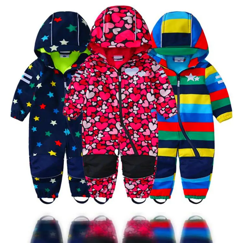 Children's soft shell waterproof jumpsuit for boys and girls one-piece romper waterproof and windproof plus velvet