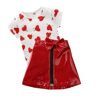 

kids wear Valentine girl clothes love printing short-sleeved T-shirt cotton sweatshirt+small leather skirt 2020 quality clothing