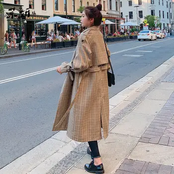 

Fashion Long Coat Women Casual Plaid Double Breasted Outwear Sashes Office Coat Chic Epaulet Design Long Windbreaker Jacket f318