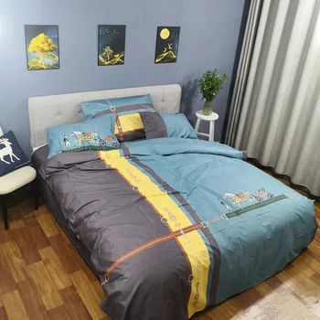 

King size 100% cotton green color grid horse bedding sheet quilt cover pillow 4pcs bedding-set