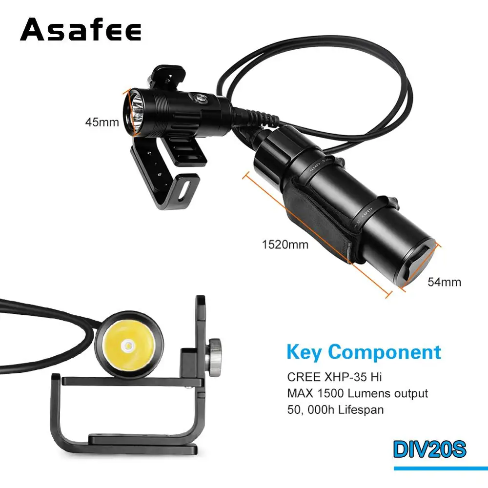 Asafee подводный светодиодный светильник для дайвинга 1500LM CREE XHP35 подводный 150 м профессиональный дайвинг вспышка светильник светодиодный светильник комплект