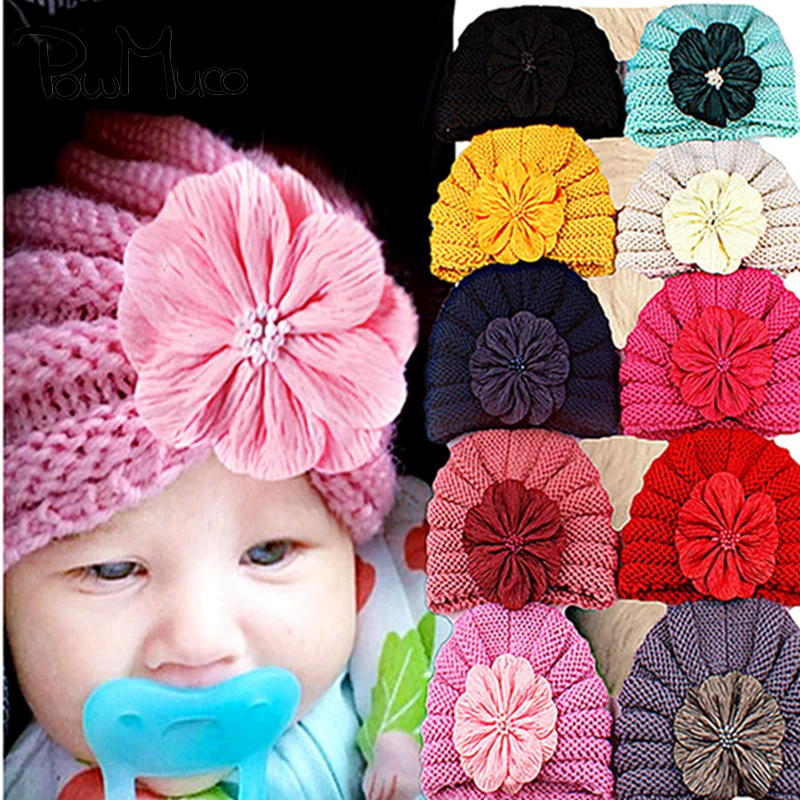 

Powmuco 16*13 CM Solid Color Knitted Striped Wool Hats Fashion Handmade Flower Crochet Toddler Caps Baby Clothing Decoration