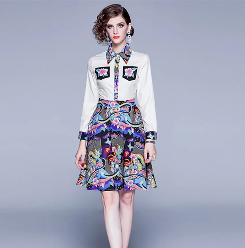 

JSXDHK Runway Designer Women's A Line Dress New Autumn Chiffon Flower Print Turn Down Collar Shirt Dress Hit Color Knee Vestidos