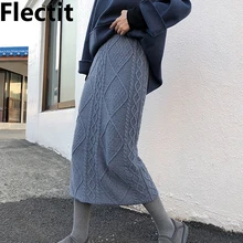 Flectit для женщин миди длинный кабель вязаная юбка эластичный пояс релакси Fit теплый свитер юбки осень зима